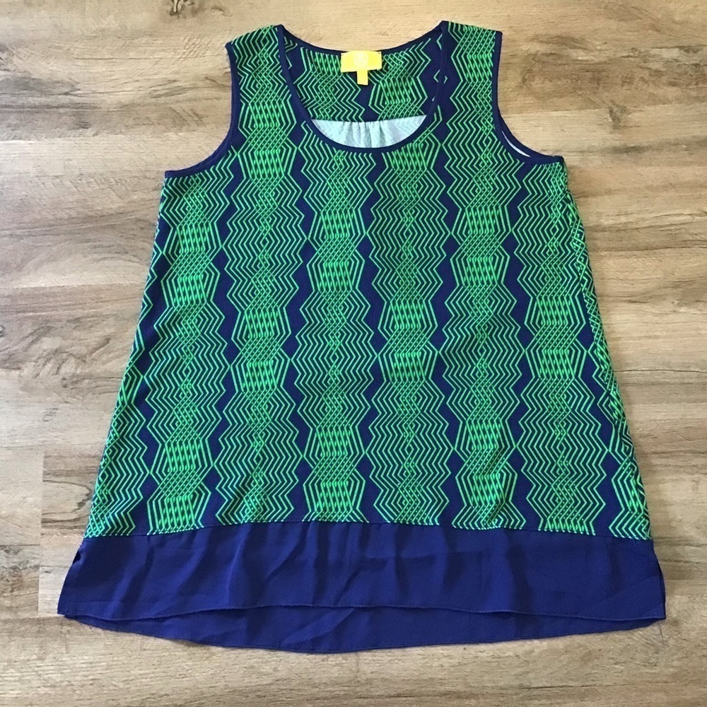 LIZ Lange Tank Top Size Small Tunic Blouse Sleeveless Geo Tank Blue Green